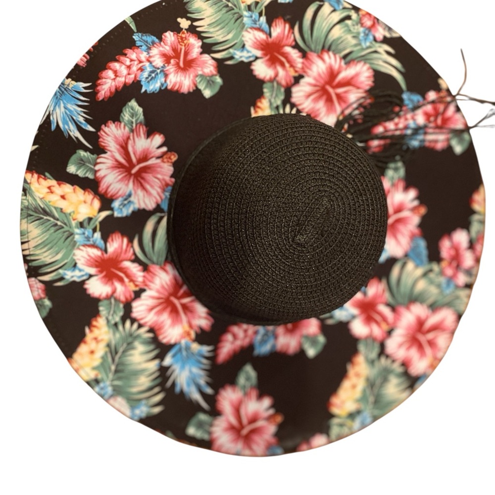 New Floral straw and canvas Black Wide-Brim Hat